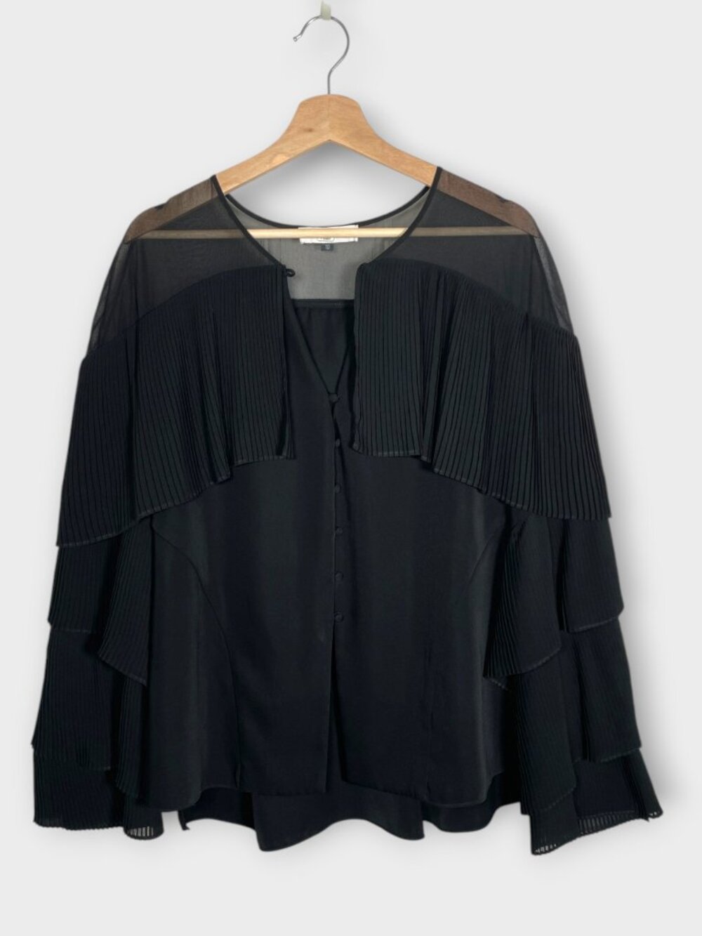 Prabal Gurung Pleated Sleeve Button Up Top Sz 10 Black Whimsigosh Romantic Boho